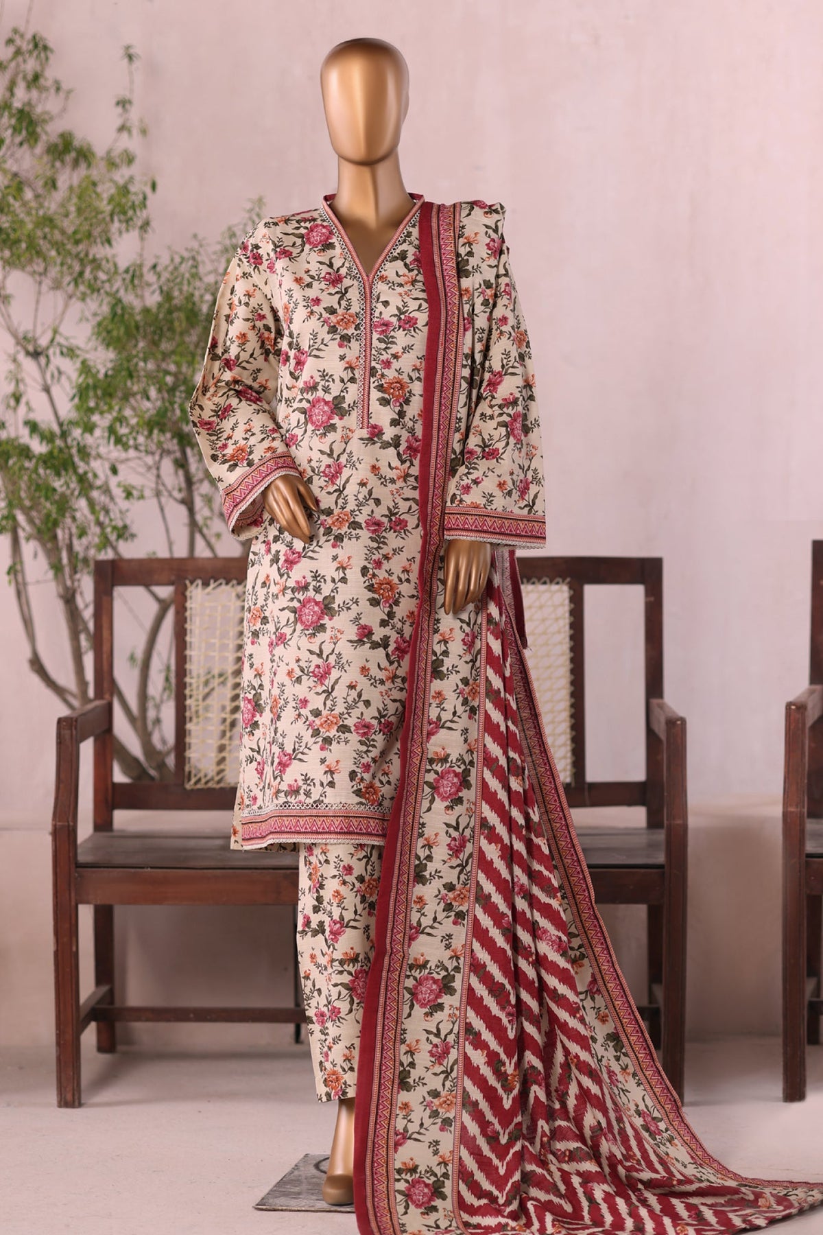 Bin Saeed Stitched 3 Piece Printed Khaddar Vol-03 Collection'2025-WK-2380-Cream
