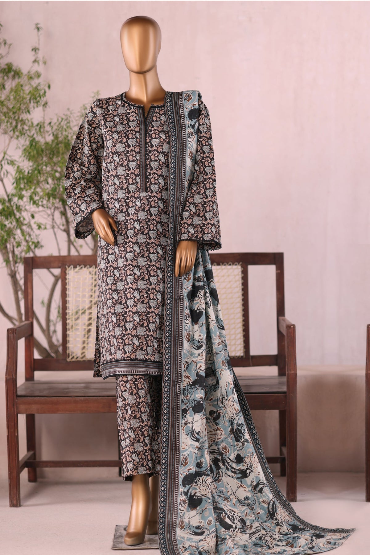 Bin Saeed Stitched 3 Piece Printed Khaddar Vol-03 Collection'2025-WK-2381-Blue