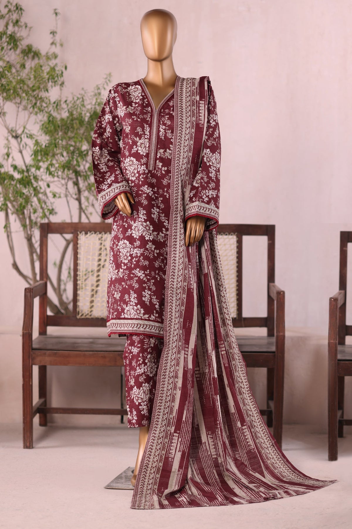 Bin Saeed Stitched 3 Piece Printed Khaddar Vol-03 Collection'2025-WK-2382-Maroon