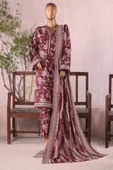 Bin Saeed Stitched 3 Piece Printed Khaddar Vol-03 Collection'2025-WK-2382-Maroon