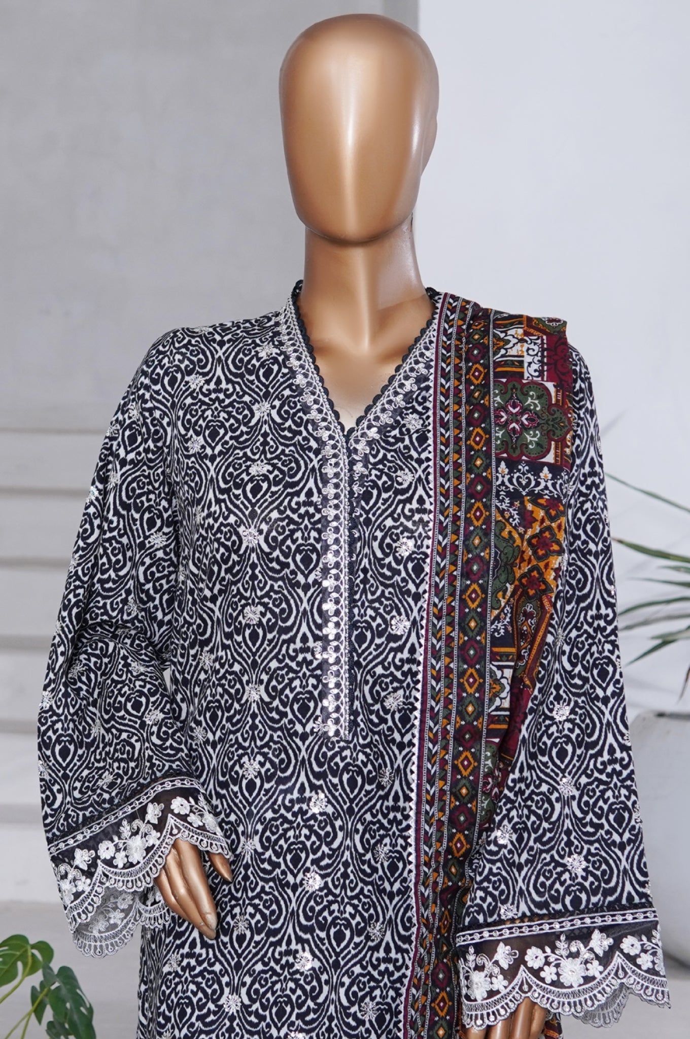 Bin Saeed Stitched 3 Piece Exclusive Emb Chikankari Cotton Collection'2025-WC-2410-Black
