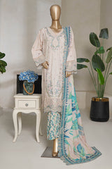 Bin Saeed Stitched 3 Piece Luxury Plain Cotton With Emb Printed Back Suit-NSM-2479-Off White