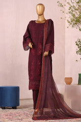 Bin Saeed Stitched 3 Piece Luxury Plain Cotton Suit-LF-2481-Maroon