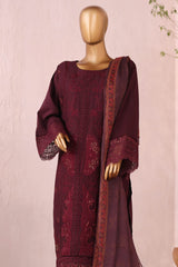 Bin Saeed Stitched 3 Piece Luxury Plain Cotton Suit-LF-2481-Maroon