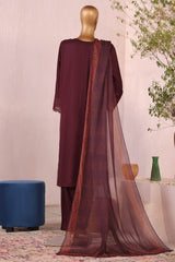 Bin Saeed Stitched 3 Piece Luxury Plain Cotton Suit-LF-2481-Maroon