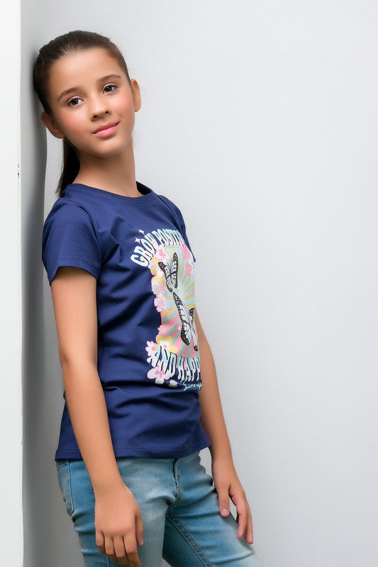 Sprinkles Stitched 1 Piece Summer Shirts Kids Collection'2025-Grow Positivity Blue Tee For Girls