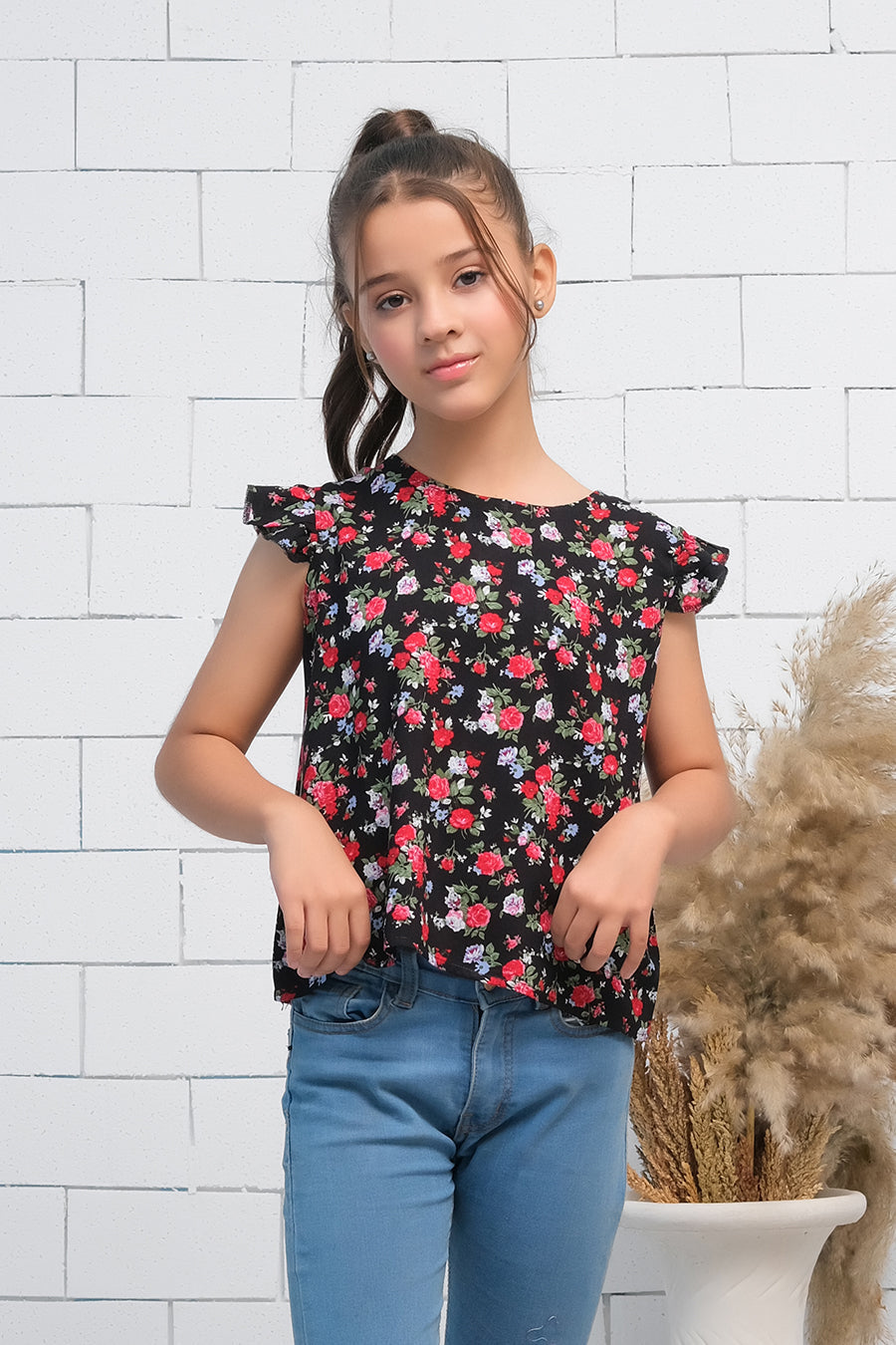 Sprinkles Stitched 1 Piece Summer Shirts Kids Collection'2025-Girls Black & Red  Ruffle Armhole Floral Rose Print Top
