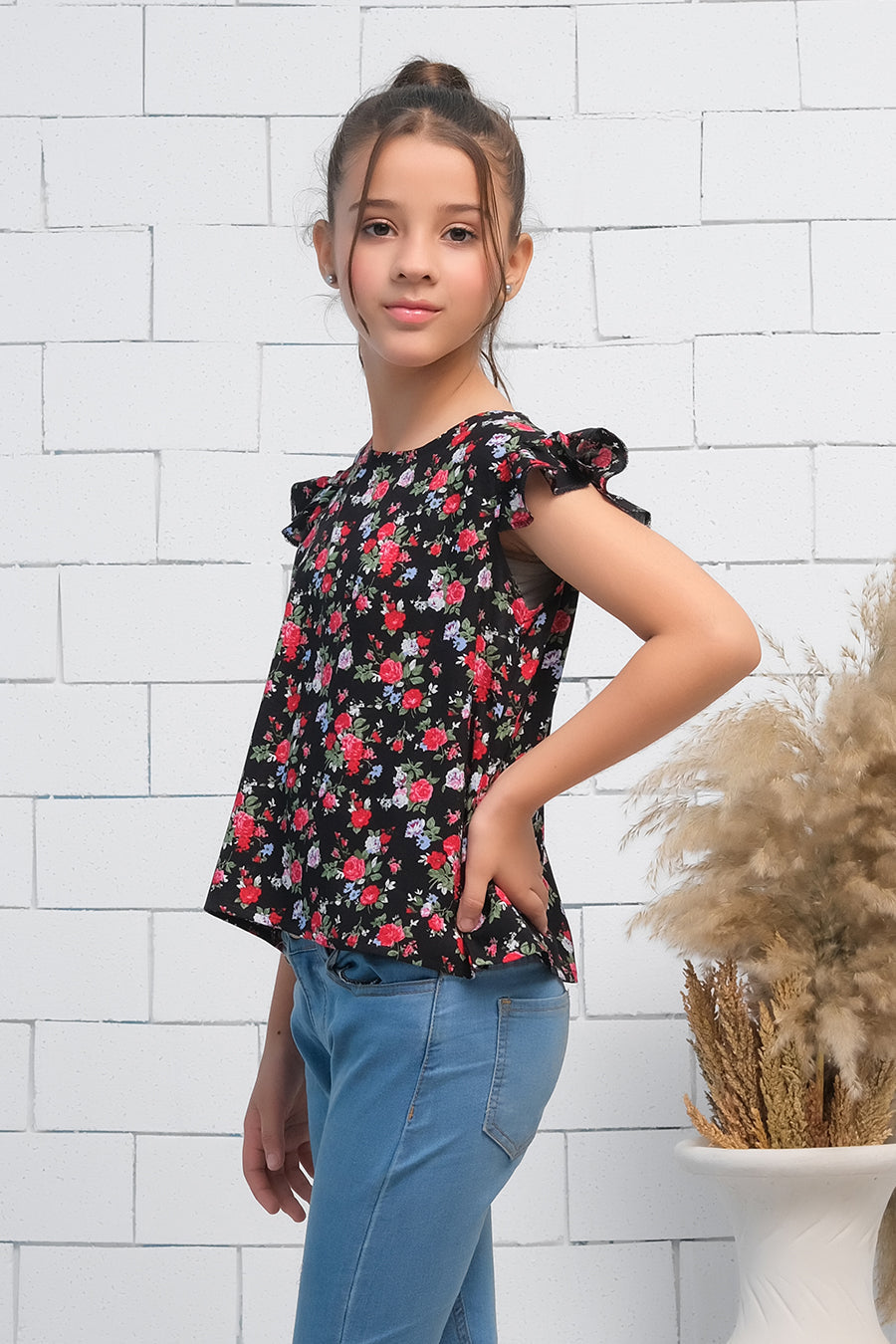 Sprinkles Stitched 1 Piece Summer Shirts Kids Collection'2025-Girls Black & Red  Ruffle Armhole Floral Rose Print Top