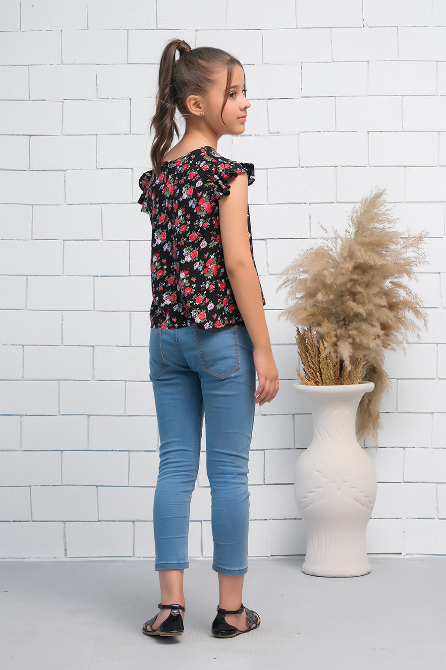 Sprinkles Stitched 1 Piece Summer Shirts Kids Collection'2025-Girls Black & Red  Ruffle Armhole Floral Rose Print Top