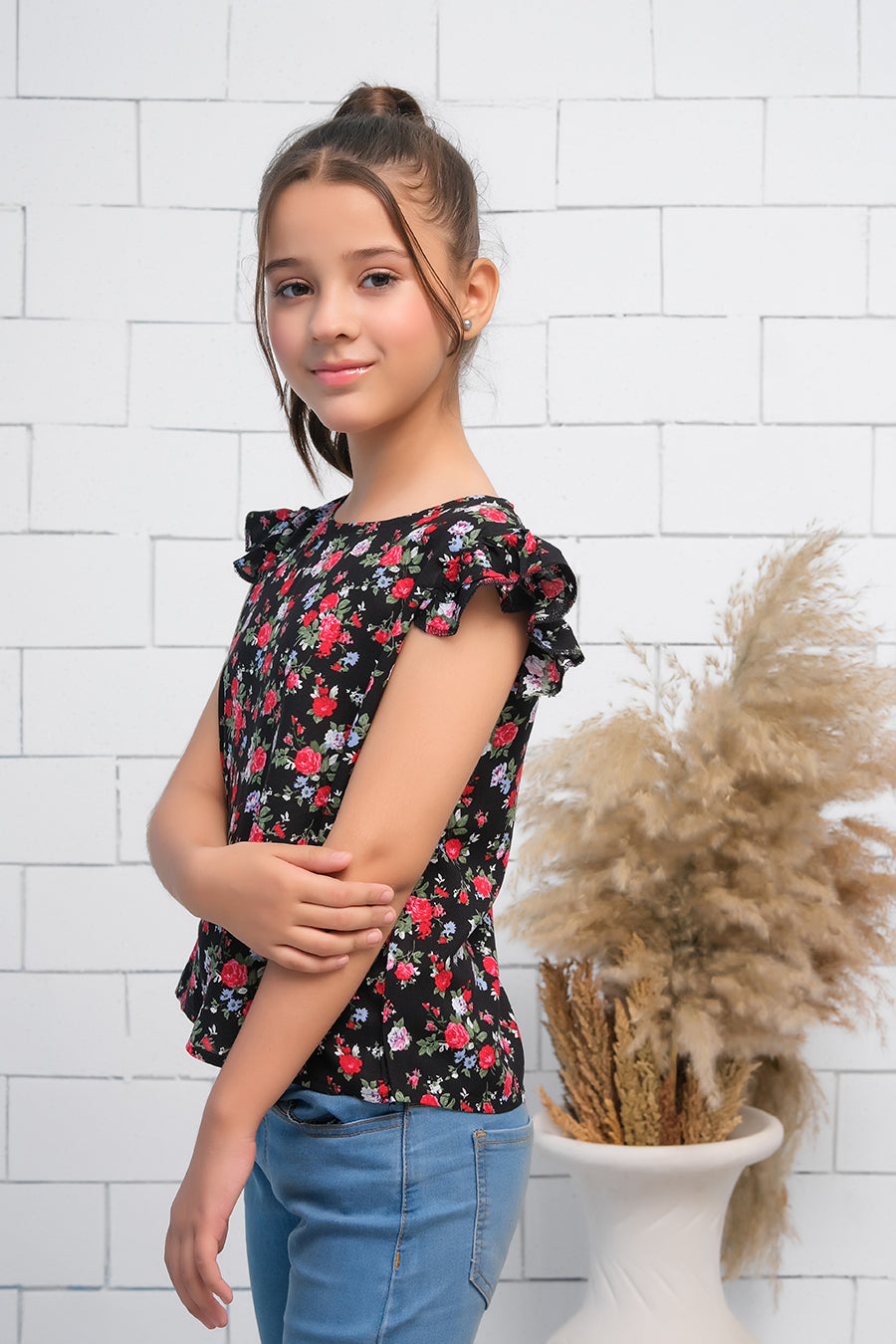 Sprinkles Stitched 1 Piece Summer Shirts Kids Collection'2025-Girls Black & Red  Ruffle Armhole Floral Rose Print Top