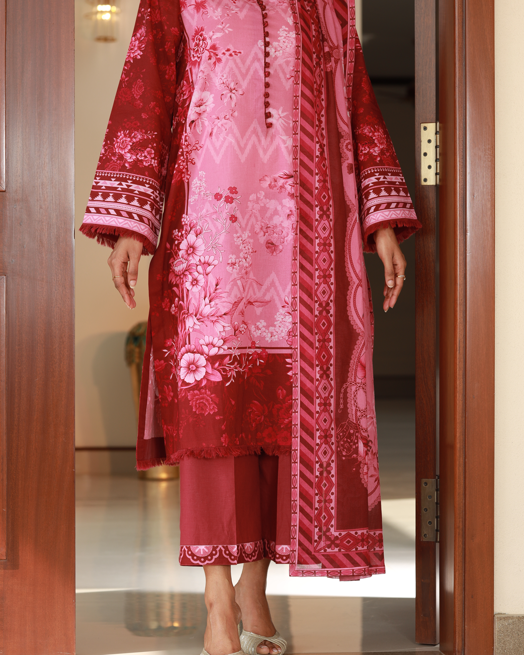 Chameli Studio women’s red and pink floral lawn printed unstitched suit with matching dupatta, summer ethnic fashion outfit.