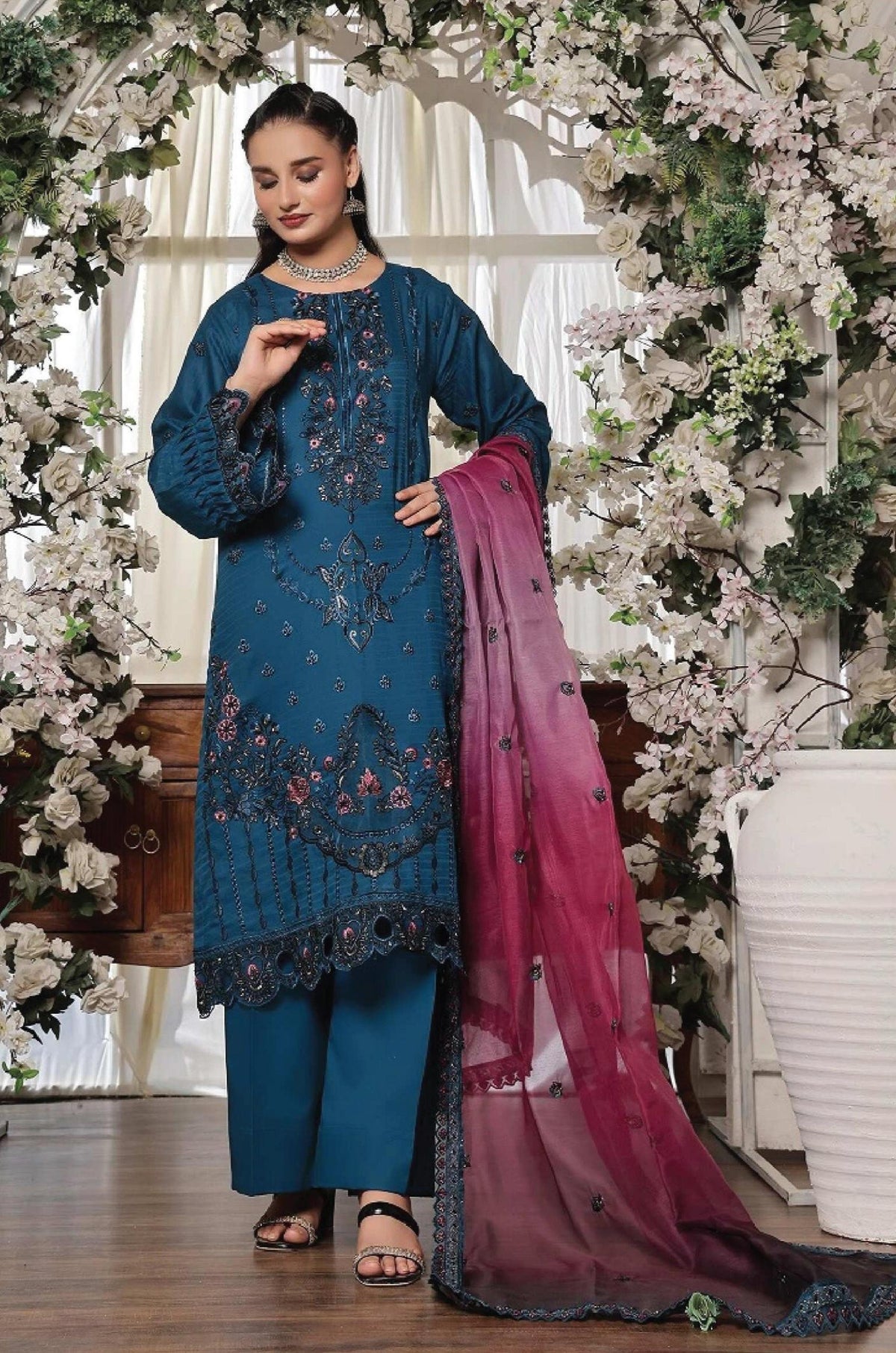Dressline New Semi Stitched 3 Pcs Premium Dyed Lawn Fancy Full Chikankari With Sequence Emb Collection