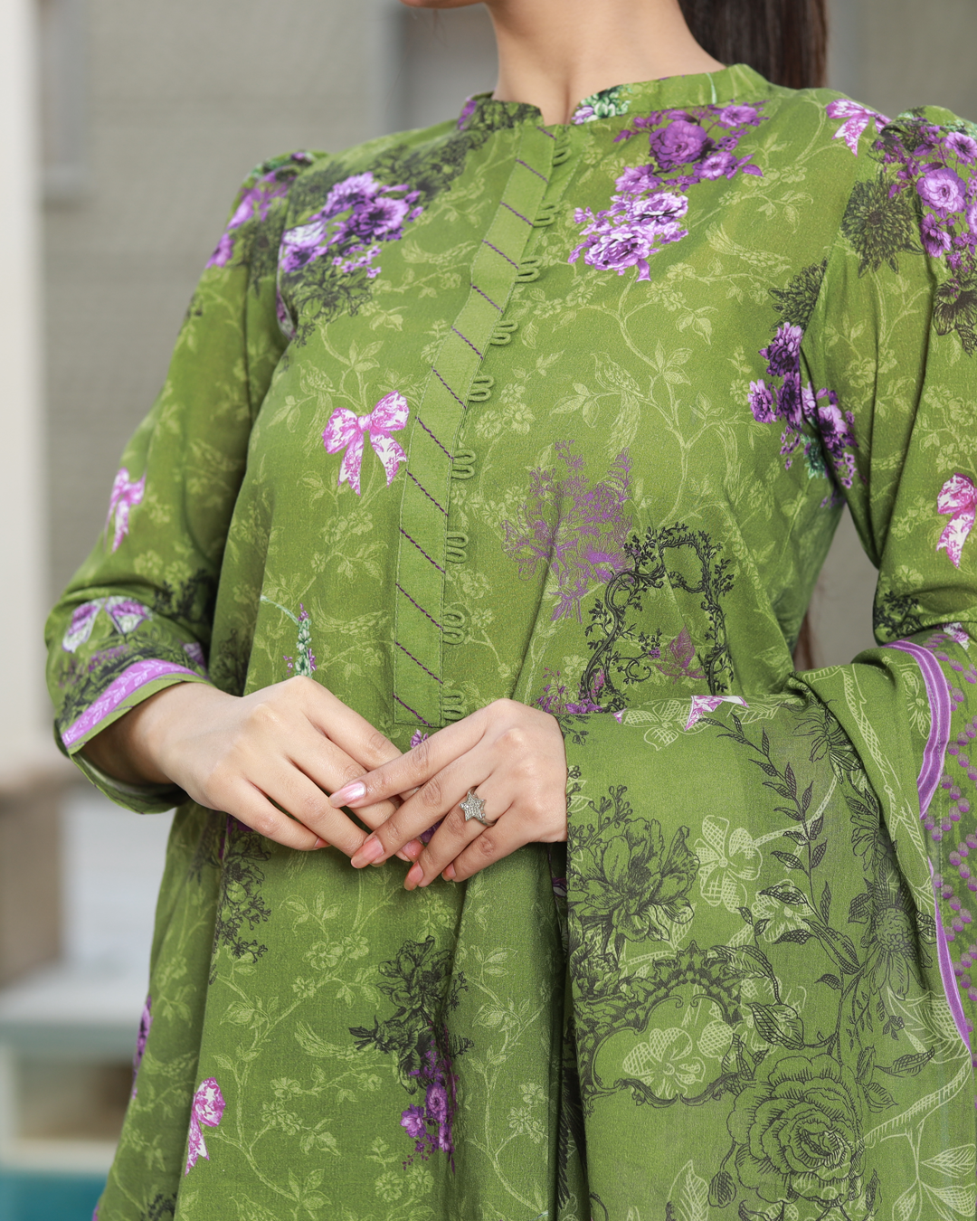 Olive Garden Lawn Digital Print Unstitched Suit Set in mehndi olive green with floral pattern, three-piece lightweight lawn fabric ethnic outfit for women.