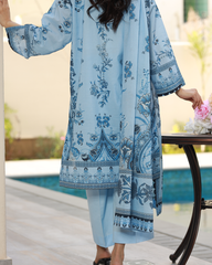 Summer Reverie Lawn Digital Print Unstitched Suit Set in powder blue with printed floral motifs, three-piece outfit for women.