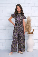 Sprinkles Stitched 1 Piece Summer Jumpsuit Kids Collection'2025-Black Allover Lavender Floral Print Butterfly Sleeve Shirred Jumpsuit