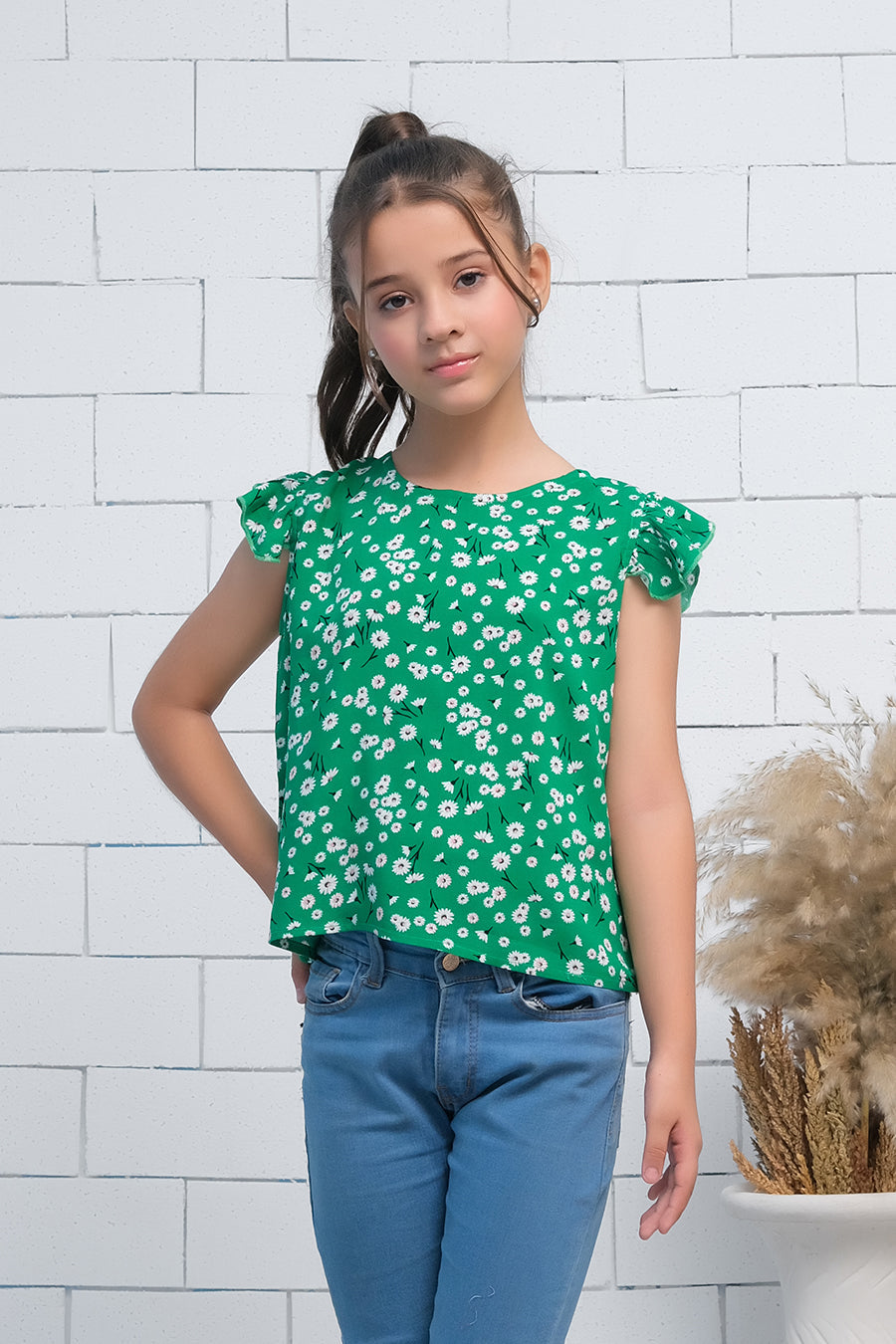 Sprinkles Stitched 1 Piece Summer Shirts Kids Collection'2025-Girls Green Ruffle Armhole Floral Print Top