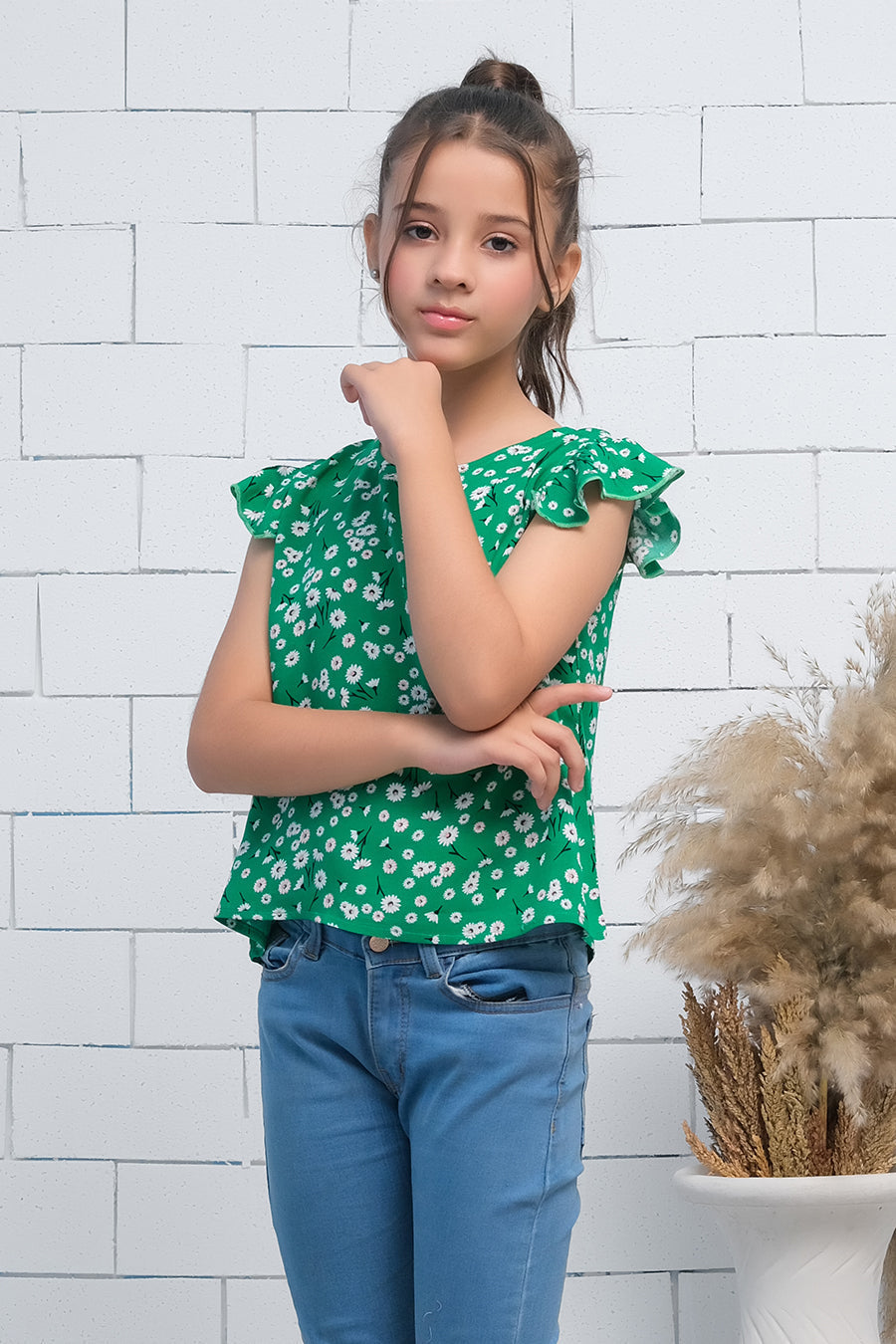 Sprinkles Stitched 1 Piece Summer Shirts Kids Collection'2025-Girls Green Ruffle Armhole Floral Print Top