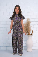 Sprinkles Stitched 1 Piece Summer Jumpsuit Kids Collection'2025-Black Allover Lavender Floral Print Butterfly Sleeve Shirred Jumpsuit