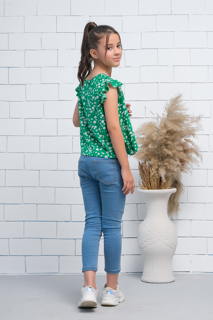 Sprinkles Stitched 1 Piece Summer Shirts Kids Collection'2025-Girls Green Ruffle Armhole Floral Print Top