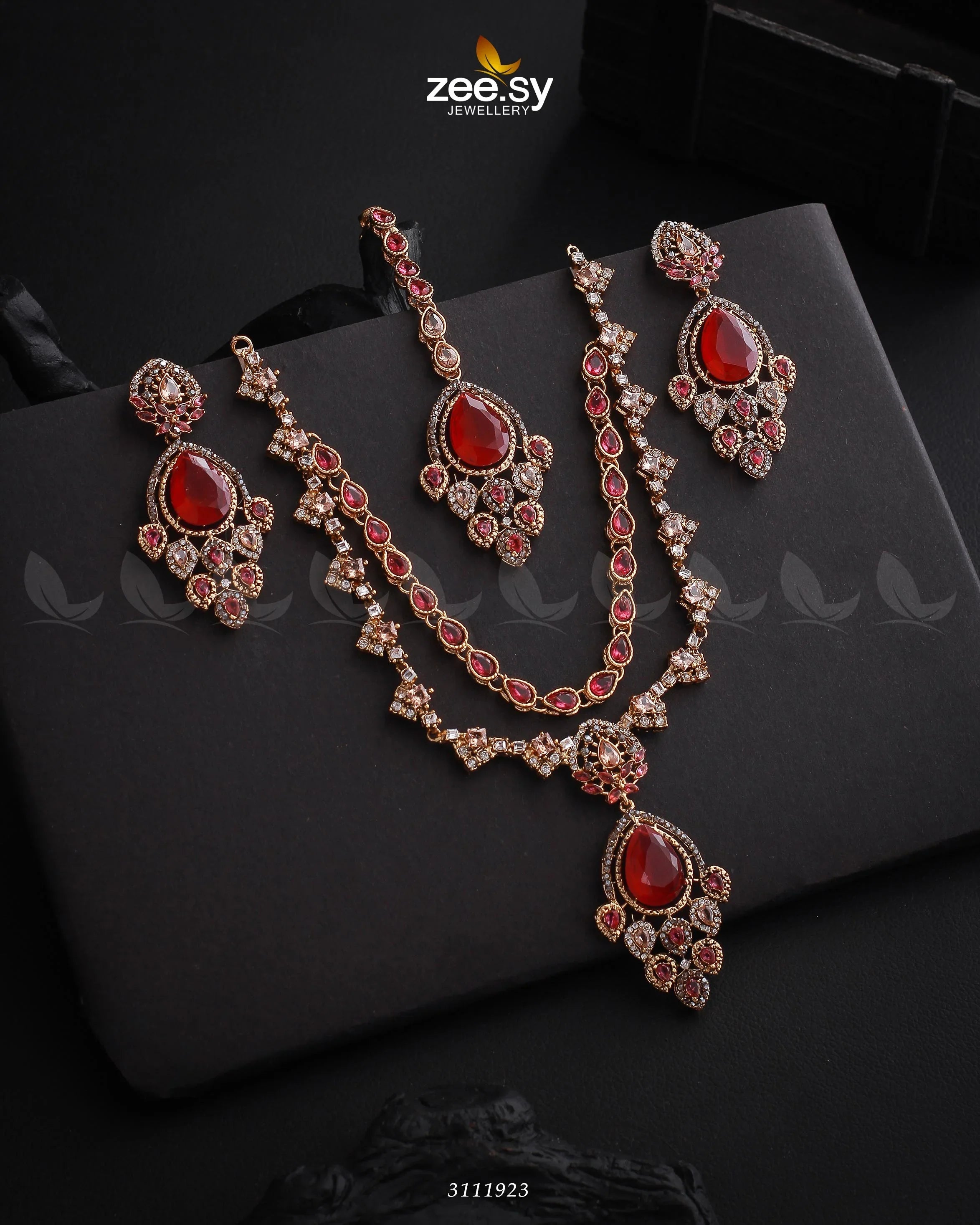 Sushmita Necklace Set Golden Ruby - Zeesy Jewellery
