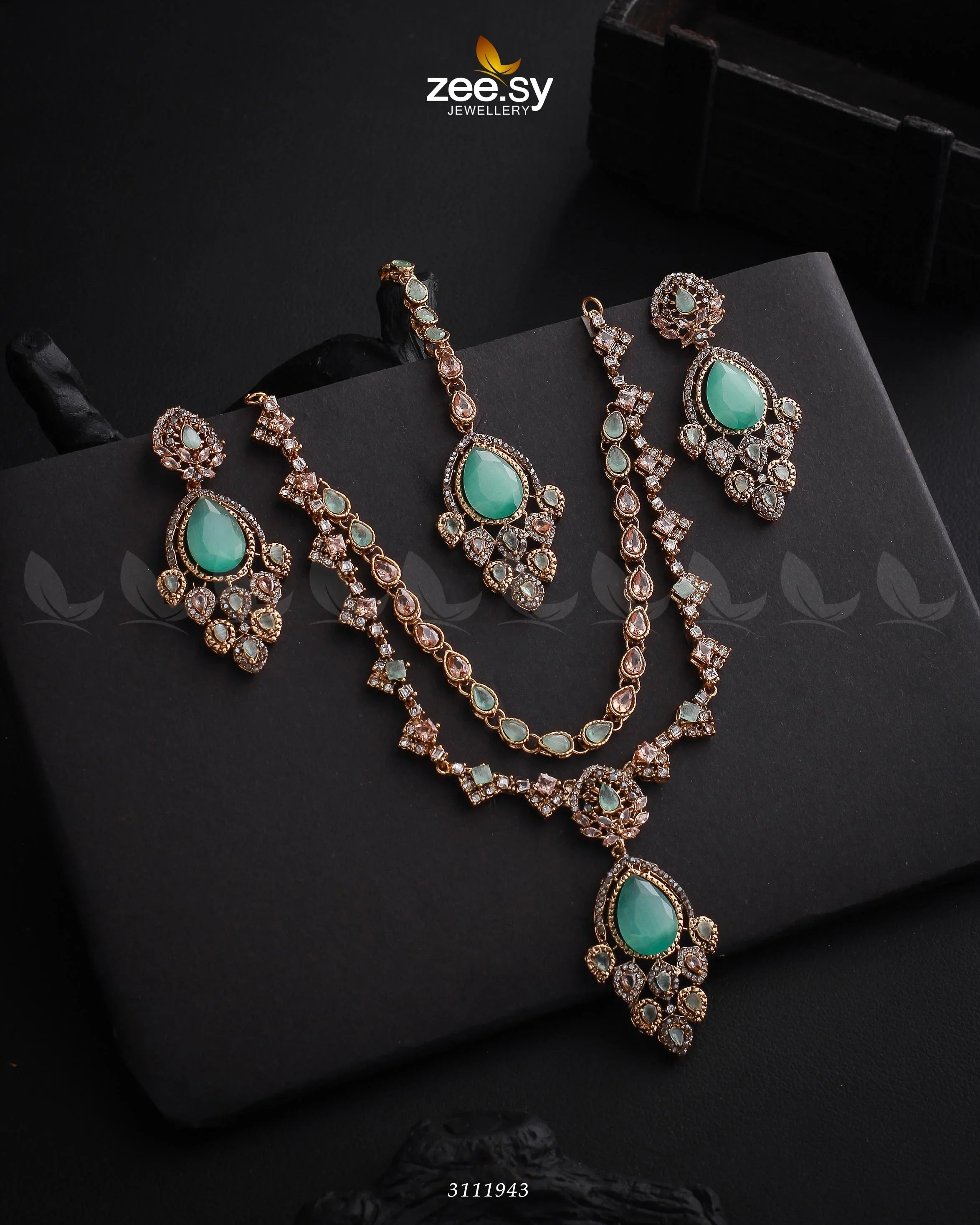 Sushmita Necklace Set Golden Mint Green - Zeesy Jewellery