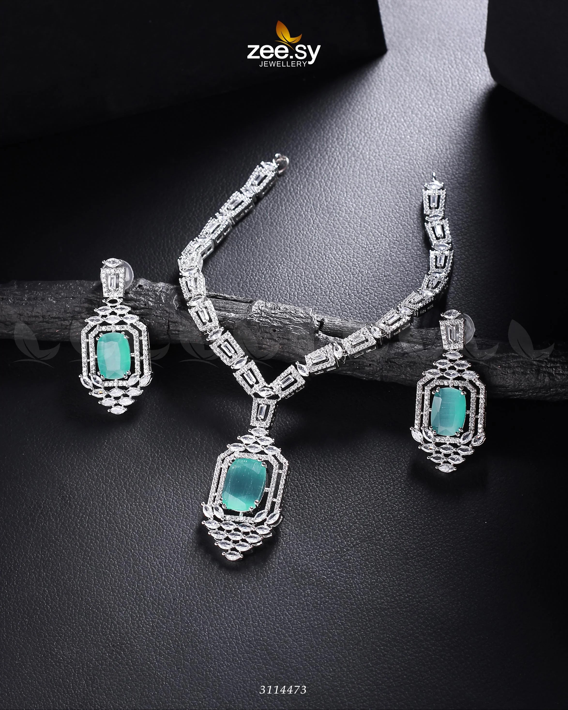 Sharmeen Necklace Set Silver Mint Green - Zeesy Jewellery
