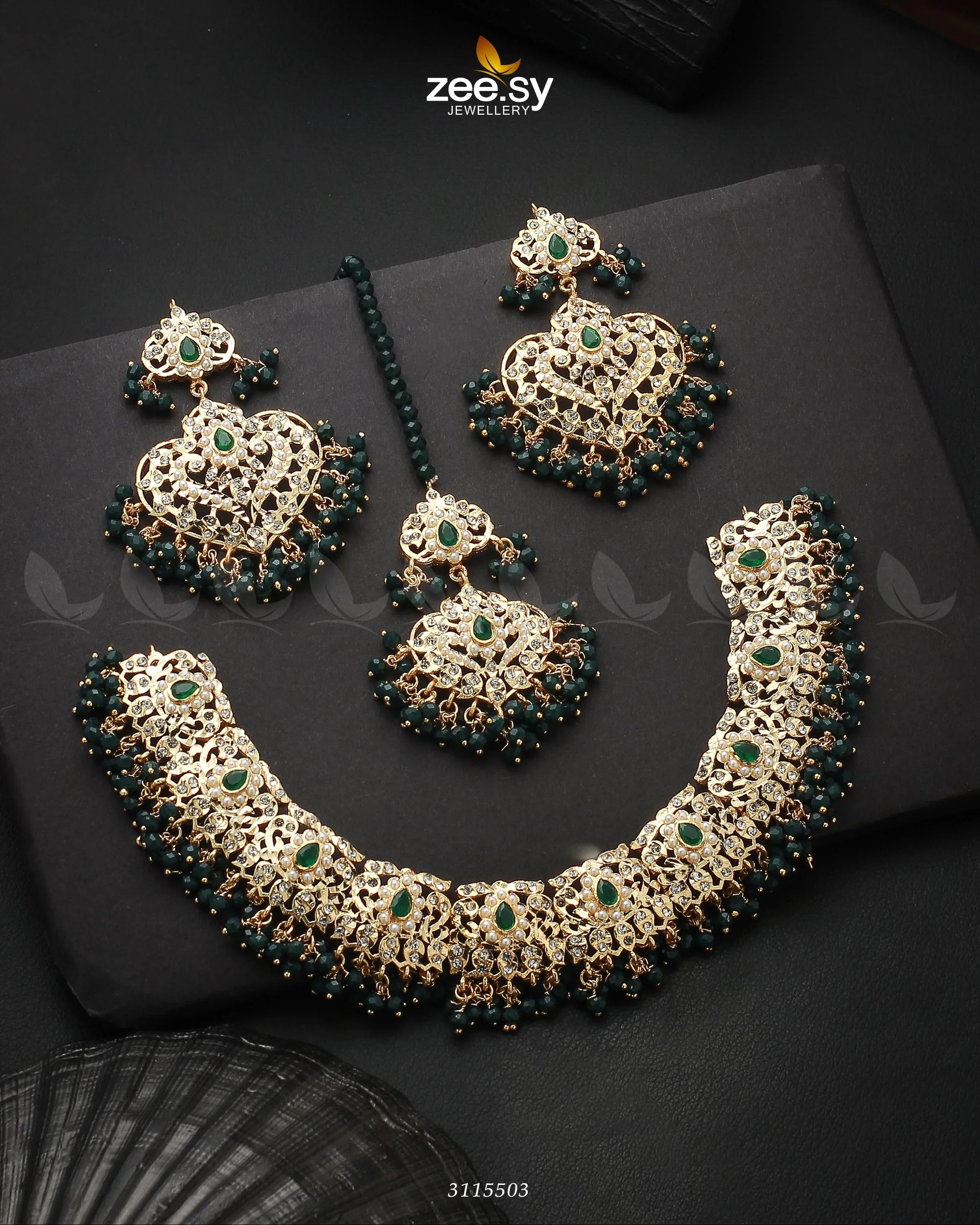 Maniha Necklace Set Golden Green - Zeesy Jewellery