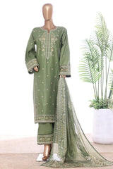 Bin Saeed Stitched 3 Piece Luxury Emb Lawn With Contrass Emb Shalwar & Bellbottom Suit-LF-3184-GREEN