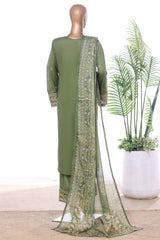 Bin Saeed Stitched 3 Piece Luxury Emb Lawn With Contrass Emb Shalwar & Bellbottom Suit-LF-3184-GREEN