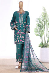 Bin Saeed Stitched 3 Piece Luxury Emb Lawn With Contrass Emb Shalwar & Bellbottom Suit-LF-3185-GREEN