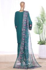 Bin Saeed Stitched 3 Piece Luxury Emb Lawn With Contrass Emb Shalwar & Bellbottom Suit-LF-3185-GREEN