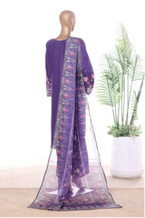Bin Saeed Stitched 3 Piece Luxury Emb Lawn With Contrass Emb Shalwar & Bellbottom Suit-LF-3248-PURPLE