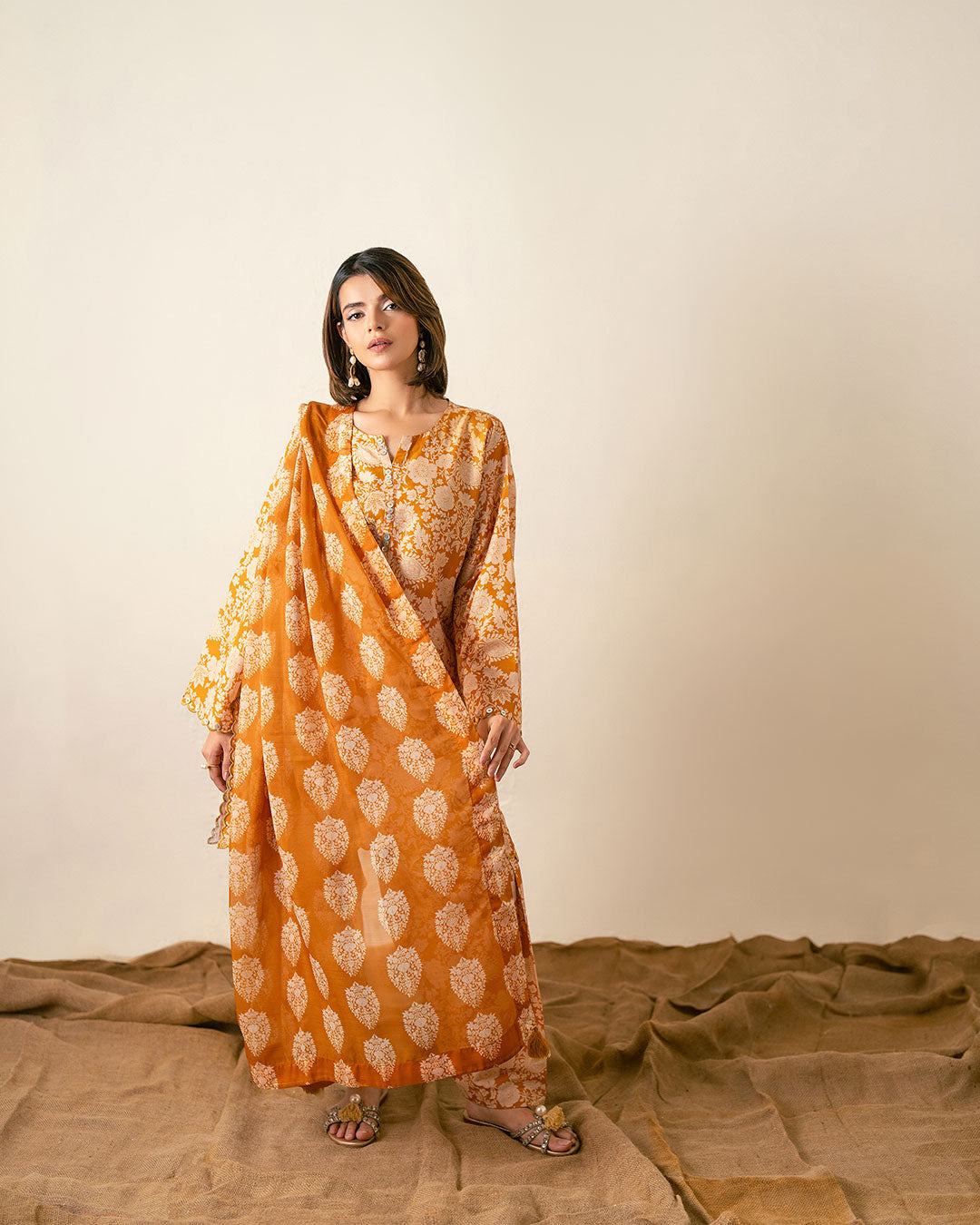 Ayla Studio Stitched PRINTED ESSENTIAL 2PC CO-ORD - Burnt Ocher