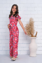 Sprinkles Stitched 1 Piece Summer Jumpsuit Kids Collection'2025-Pink Allover Floral Print Butterfly Sleeve Shirred Jumpsuit