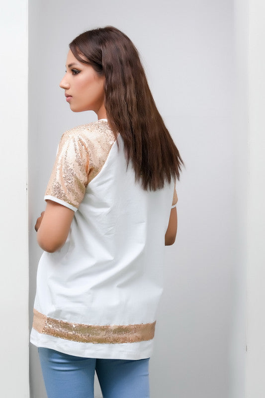 Sprinkles Stitched 1 Piece Summer Shirts Kids Collection'2025-White Top with Golden Sequence Pocket