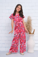 Sprinkles Stitched 1 Piece Summer Jumpsuit Kids Collection'2025-Pink Allover Floral Print Butterfly Sleeve Shirred Jumpsuit