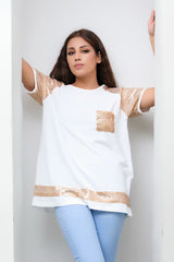 Sprinkles Stitched 1 Piece Summer Shirts Kids Collection'2025-White Top with Golden Sequence Pocket
