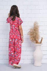 Sprinkles Stitched 1 Piece Summer Jumpsuit Kids Collection'2025-Pink Allover Floral Print Butterfly Sleeve Shirred Jumpsuit
