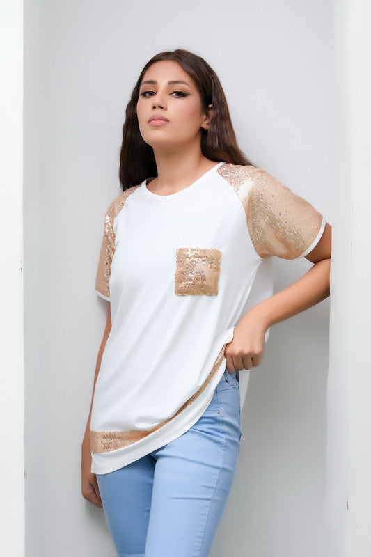 Sprinkles Stitched 1 Piece Summer Shirts Kids Collection'2025-White Top with Golden Sequence Pocket