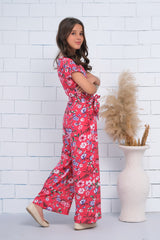 Sprinkles Stitched 1 Piece Summer Jumpsuit Kids Collection'2025-Pink Allover Floral Print Butterfly Sleeve Shirred Jumpsuit