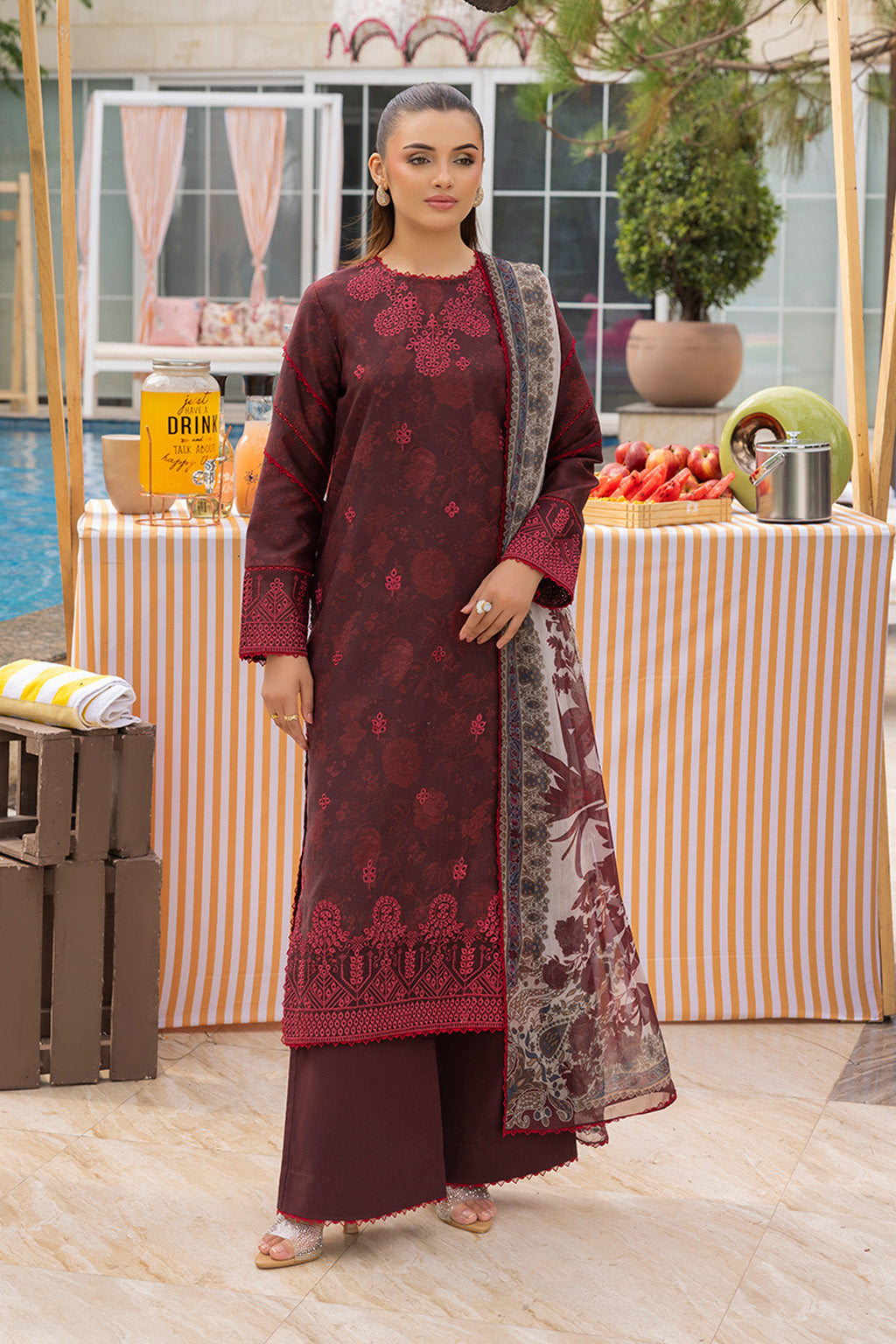 Mojito By Meeral Unstitched 3 Piece Lawn Collection'2025-Mehroon - Twilight Flora
