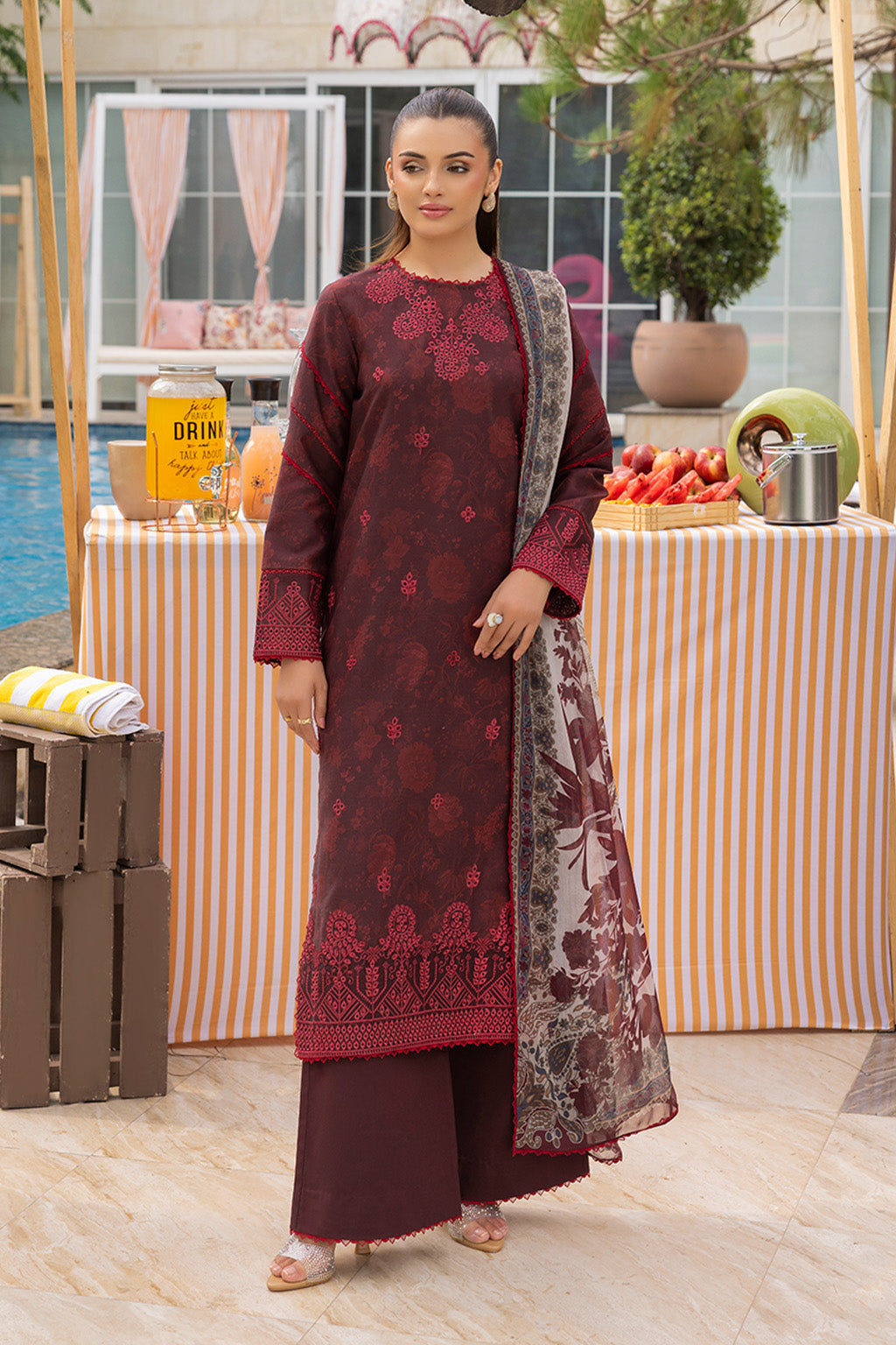 Mojito By Meeral Unstitched 3 Piece Lawn Collection'2025-Mehroon - Twilight Flora