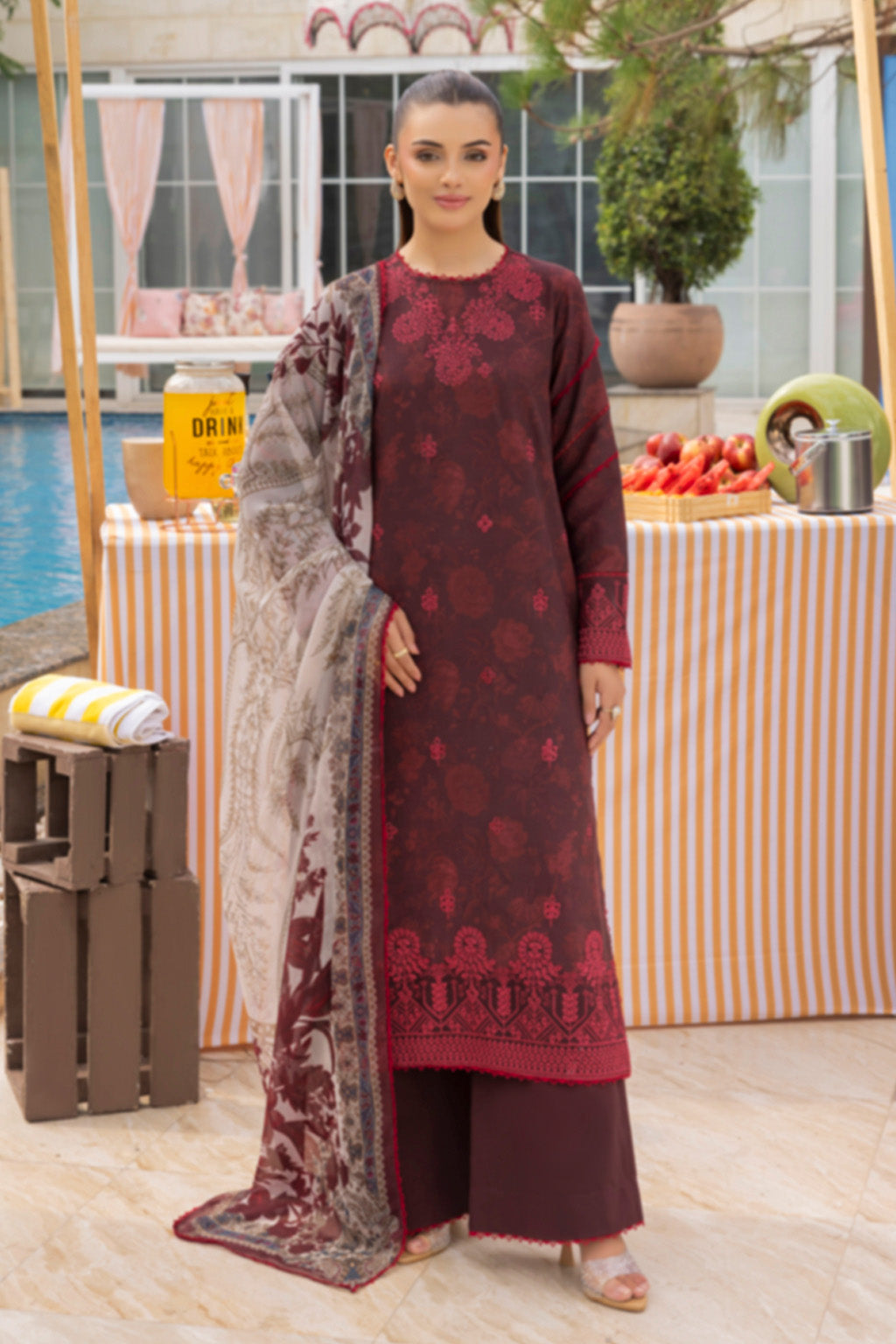 Mojito By Meeral Unstitched 3 Piece Lawn Collection'2025-Mehroon - Twilight Flora
