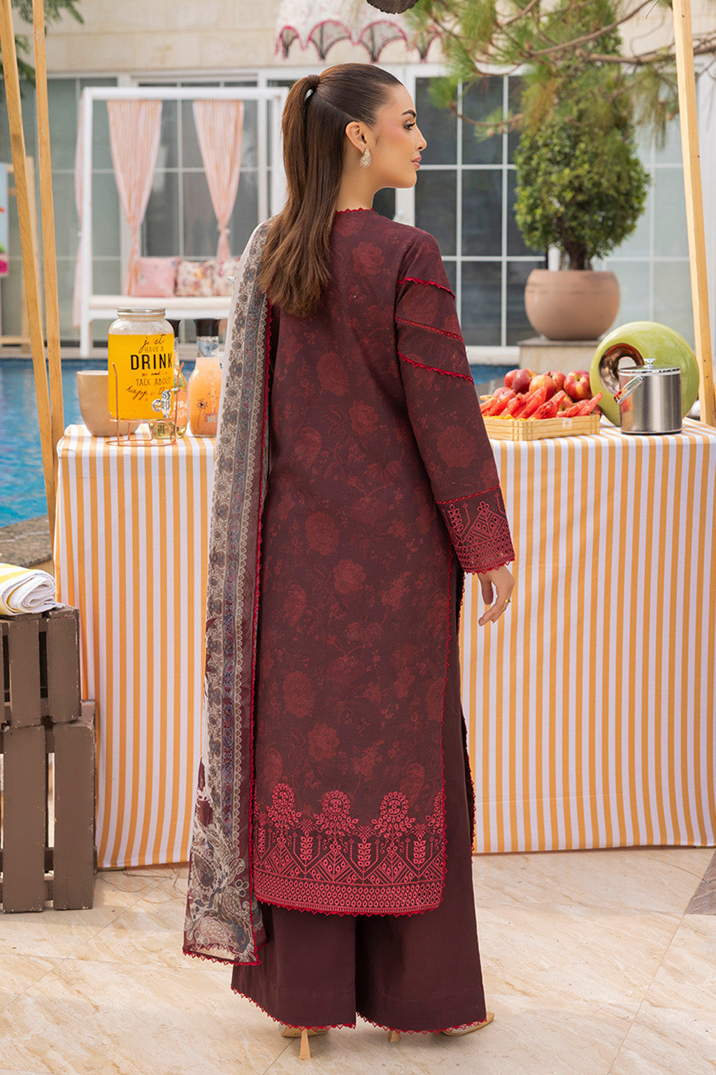 Mojito By Meeral Unstitched 3 Piece Lawn Collection'2025-Mehroon - Twilight Flora