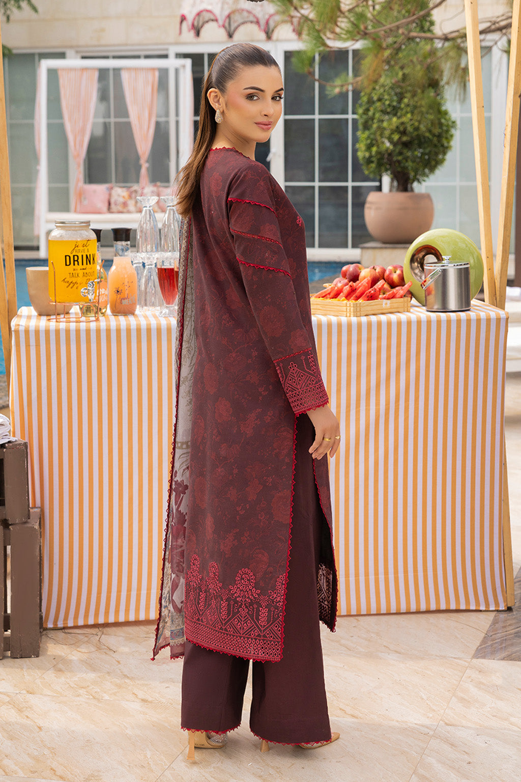 Mojito By Meeral Unstitched 3 Piece Lawn Collection'2025-Mehroon - Twilight Flora