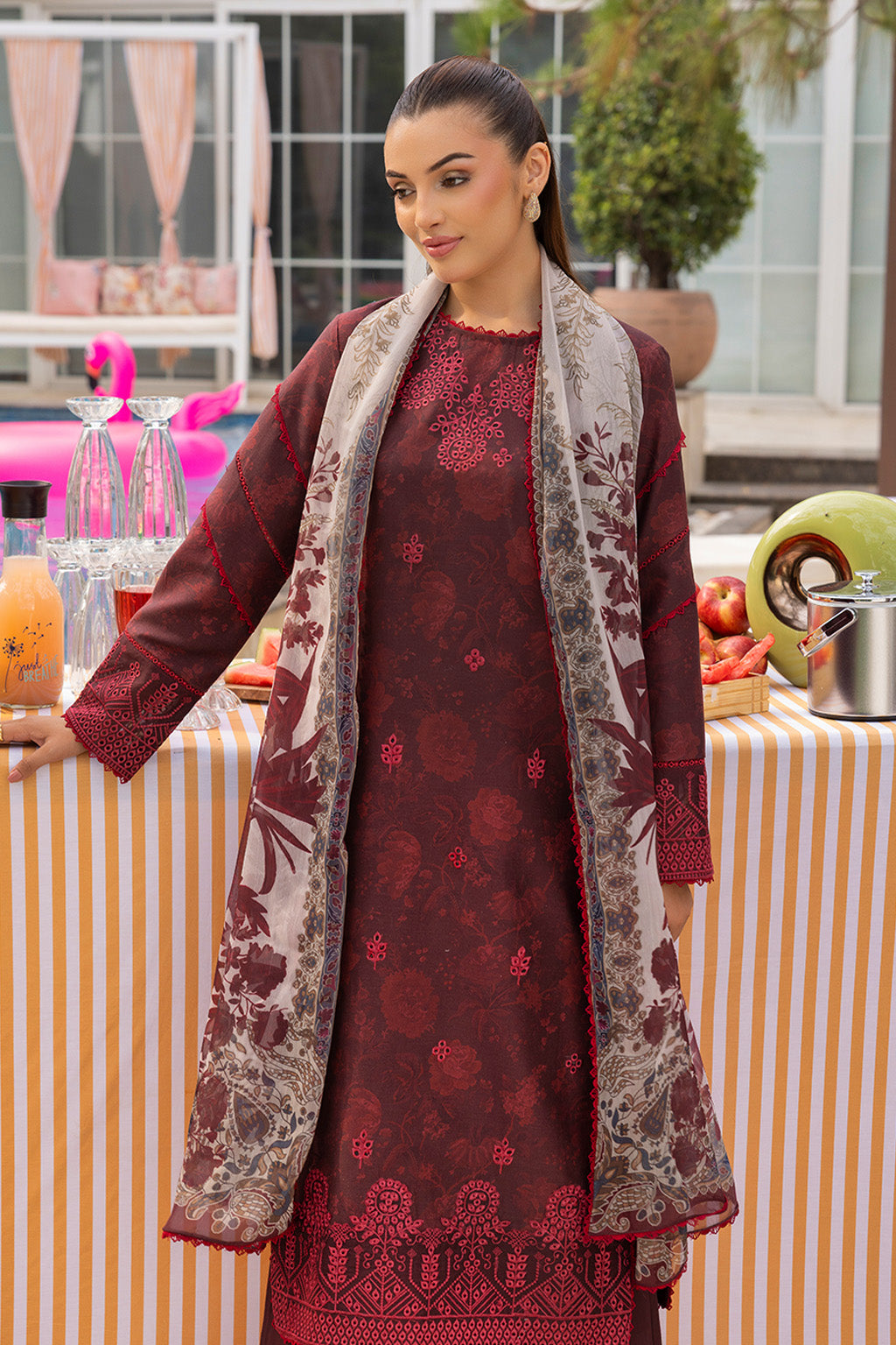 Mojito By Meeral Unstitched 3 Piece Lawn Collection'2025-Mehroon - Twilight Flora
