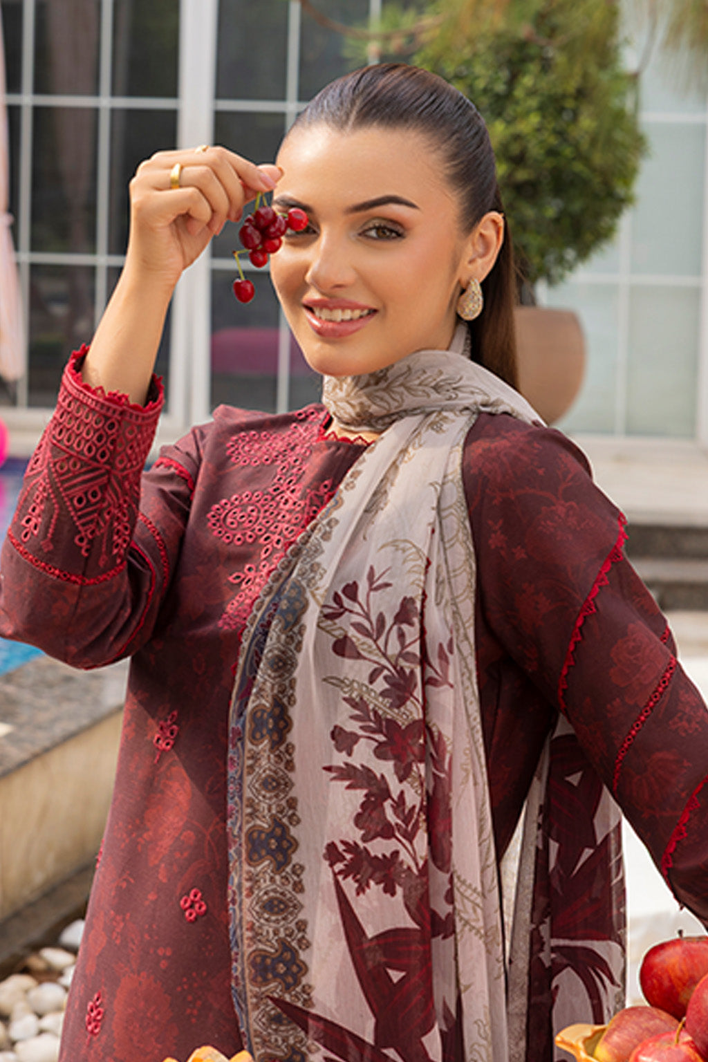 Mojito By Meeral Unstitched 3 Piece Lawn Collection'2025-Mehroon - Twilight Flora