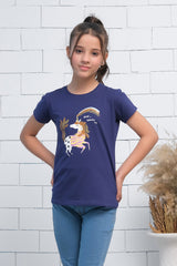 Sprinkles Stitched 1 Piece Summer Shirts Kids Collection'2025-Navy Blue Short Sleeves Colourful Unicorn Print Tee