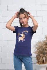 Sprinkles Stitched 1 Piece Summer Shirts Kids Collection'2025-Navy Blue Short Sleeves Colourful Unicorn Print Tee