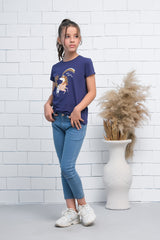 Sprinkles Stitched 1 Piece Summer Shirts Kids Collection'2025-Navy Blue Short Sleeves Colourful Unicorn Print Tee